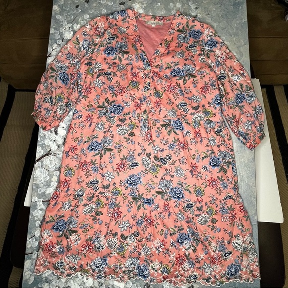 LOFT Pink Floral Swing Dress 3/4 Sleeve Lined Embroidered Scalloped Hem Size 16P - Picture 6 of 12